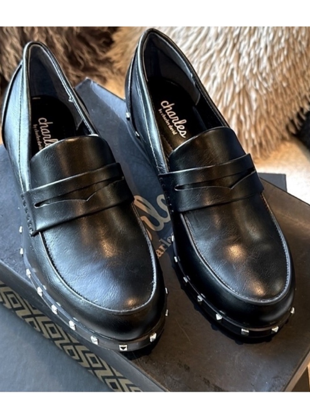 NWT Charles by Charles David Black slip-on Loafer silver-tone studs Sz 6.5 $119